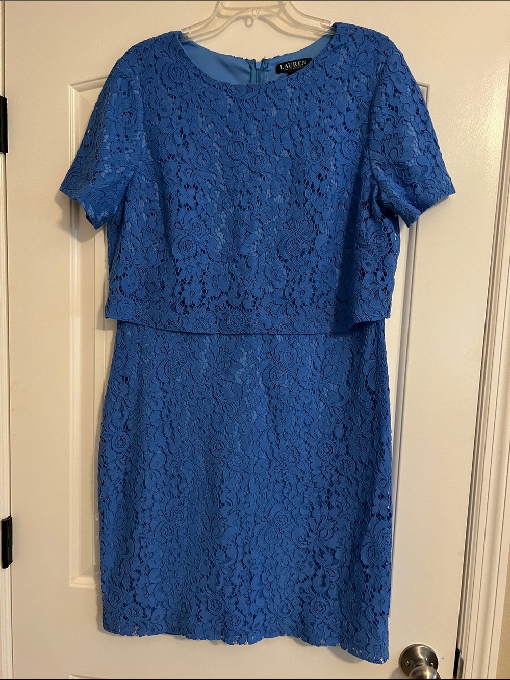 Lauren Ralph Lauren Royal Blue Lace Overlay Short Sleeve Dress